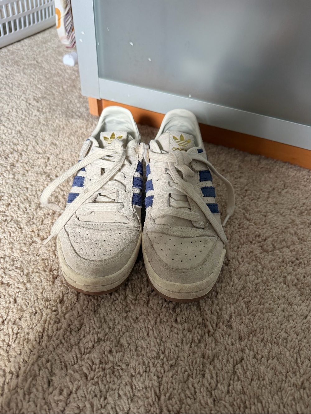 adidas Kids Cream Sneakers with Blue Stripes